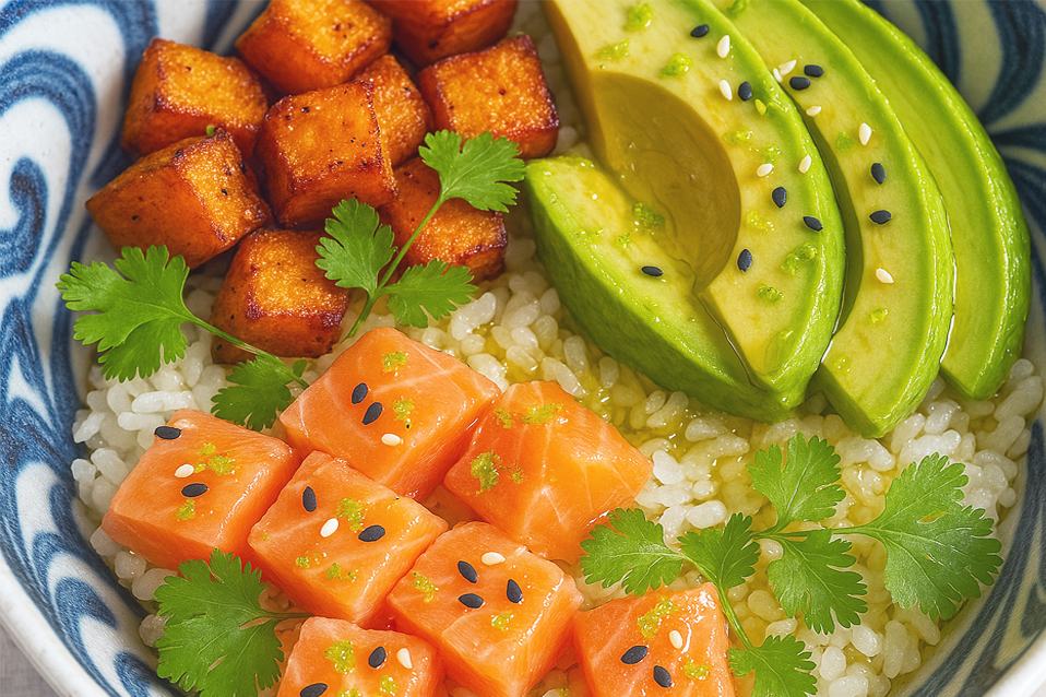 Poke bowl facile : patates douces rôties, avocat et saumon fumé