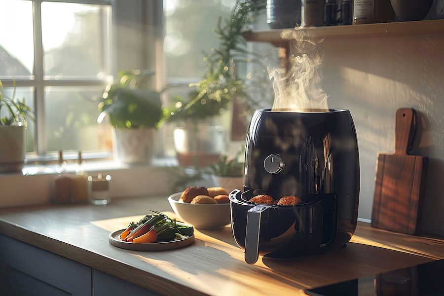 Airfryer en action sur un plan de travail lumineux avec des légumes frais et des plats prêts à servir