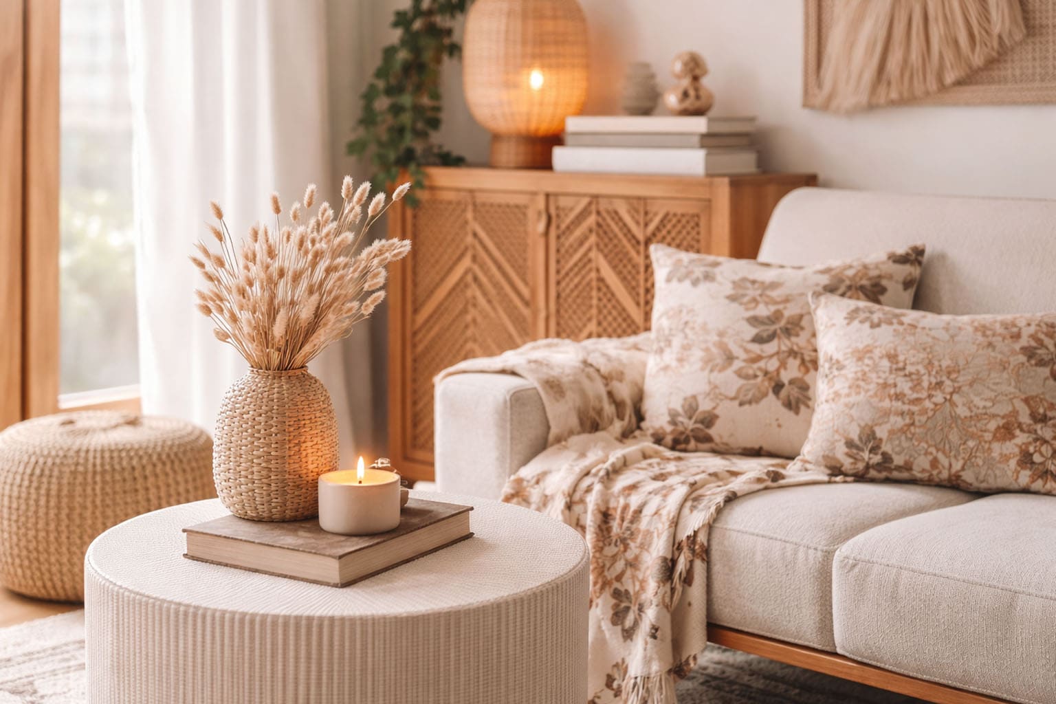 Bannière déco nomad chic montrant un coin de salon chaleureux avec canapé beige, coussins à motifs floraux terre, meuble en bois et cannage, suspension en fibres naturelles, pouf en maille, vase en osier avec herbes séchées et bougie allumée sur table basse.