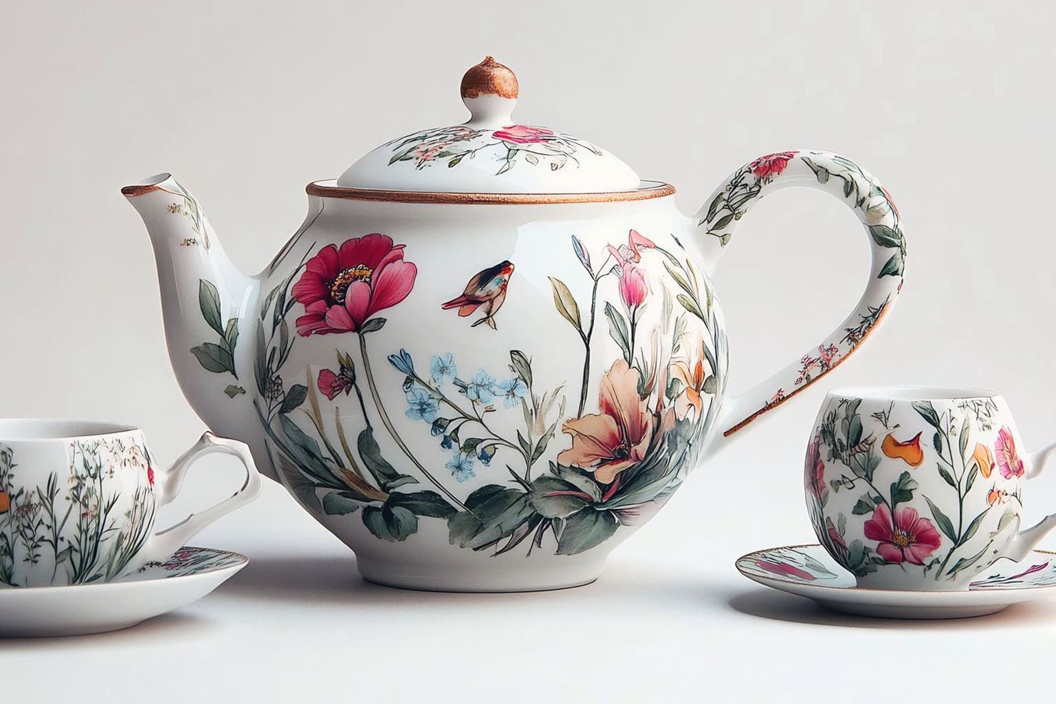 Collection de porcelaine élégante composée d’une théière, de tasses et de soucoupes blanches et délicatement décorées, dans une ambiance vintage chic et lumineuse.
