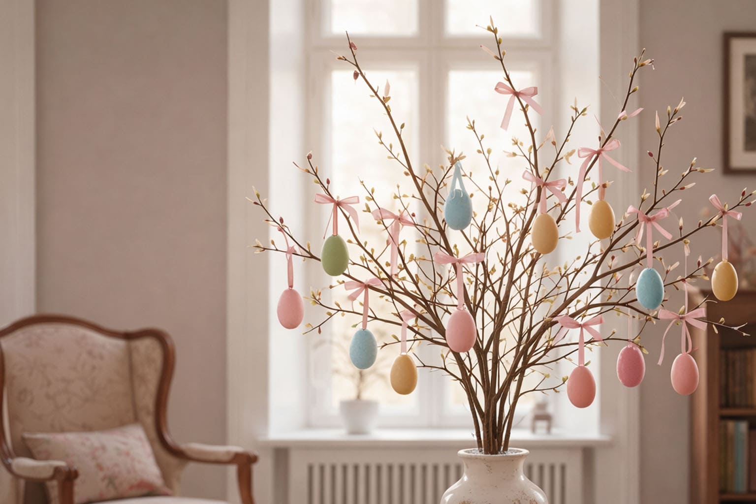 ALT Arbre de Pâques décoratif avec œufs pastel suspendus dans un salon lumineux ambiance vintage