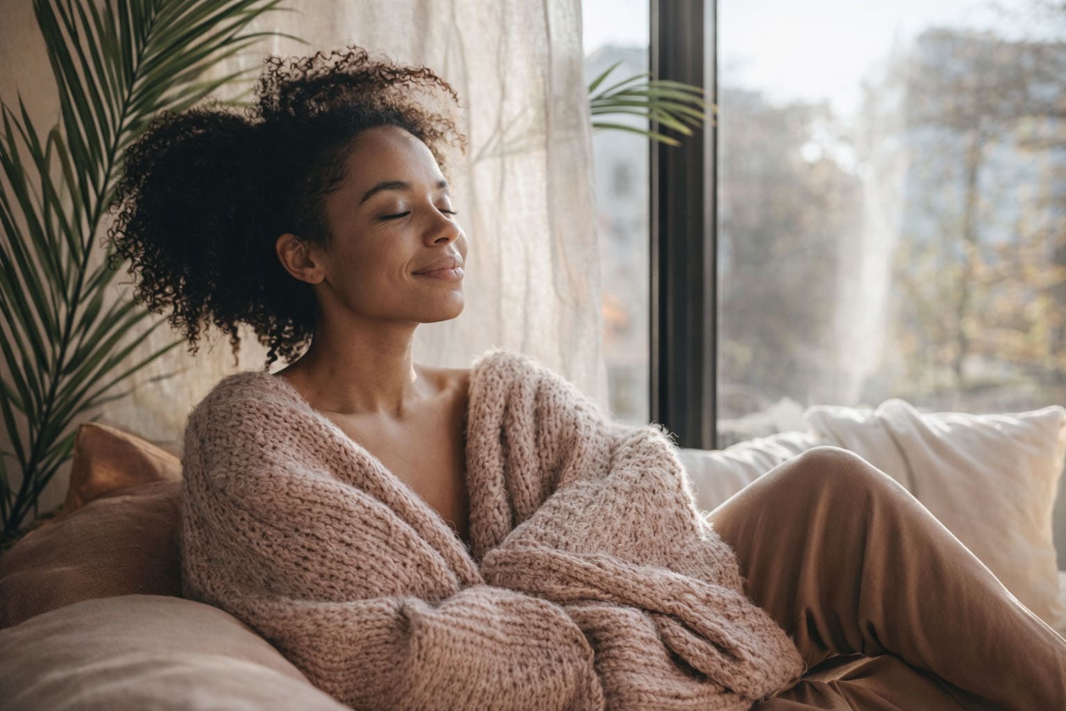 Femme en slow attitude chez elle, moment de calme et de recentrage dans un intérieur lumineux