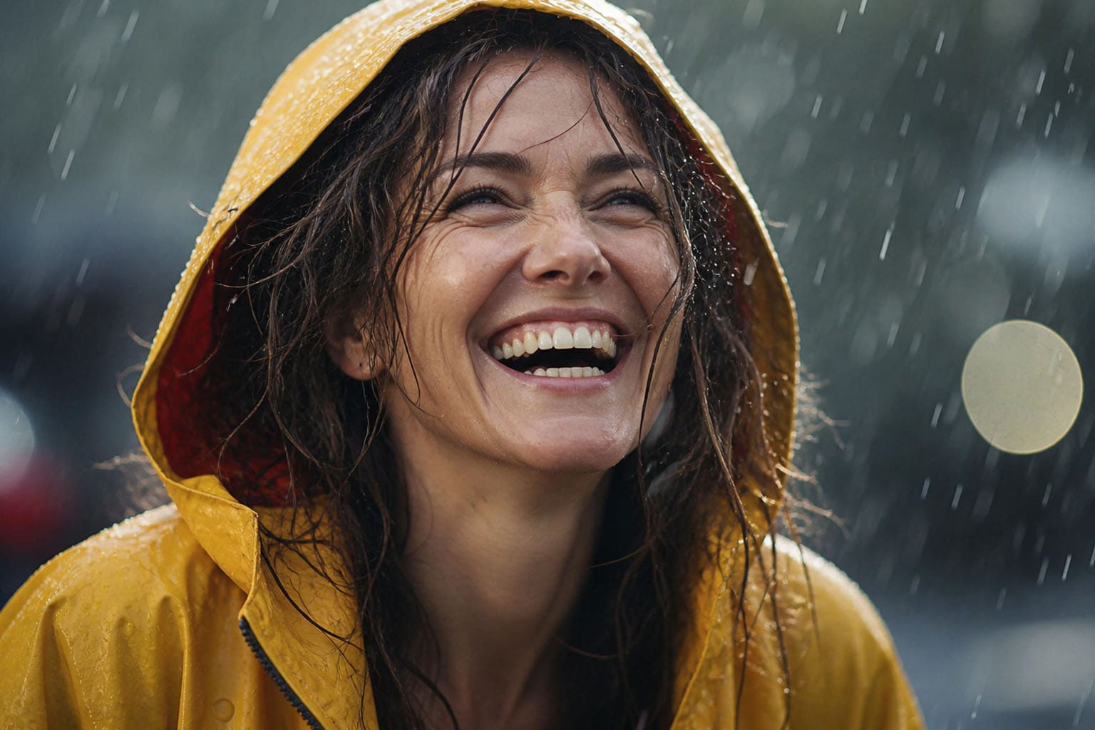 Femme de 40 ans sous la pluie qui rit sans parapluie, illustration d’une slow maman libre qui vit à son rythme sans pression